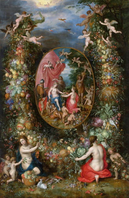 Jan Brueghel The Elder - Garland of Fruit Surrounding a Depiction of Cybele Receiving Gifts From Personifications of The Four Seasons
