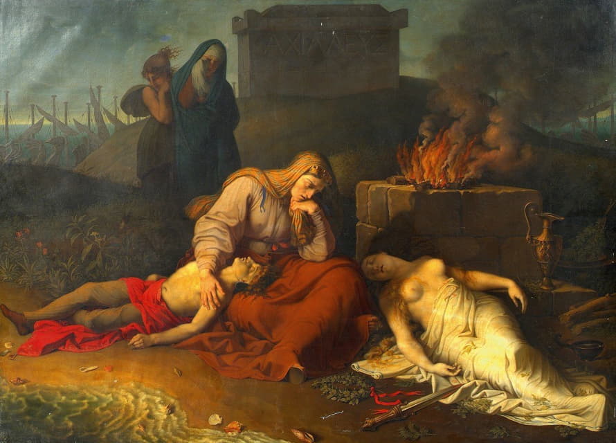赫卡布带着她的孩子波利西娜和波利多罗斯的尸体在阿喀琉斯墓前