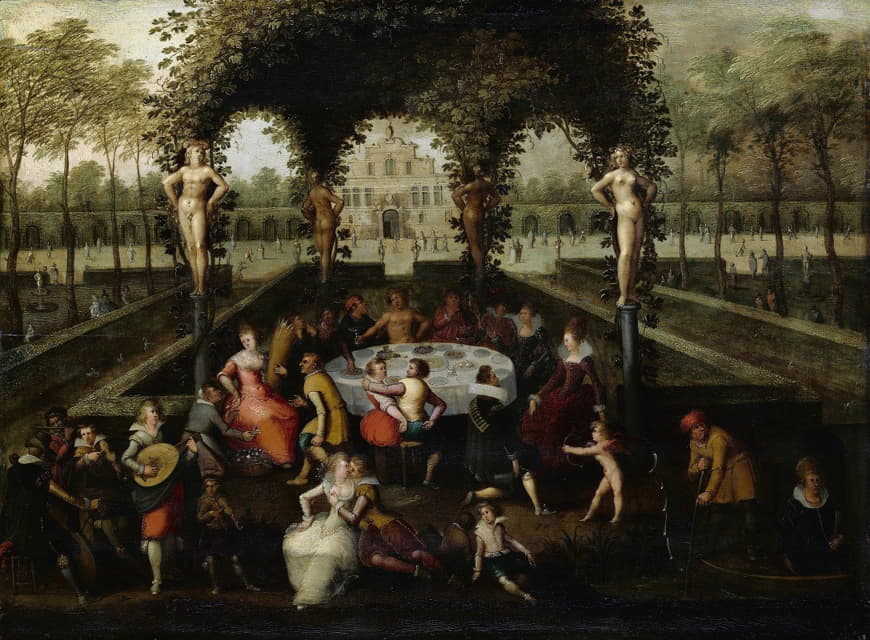 Louis de Caullery - Venus, Bacchus and Ceres With Mortals in a Garden of Love