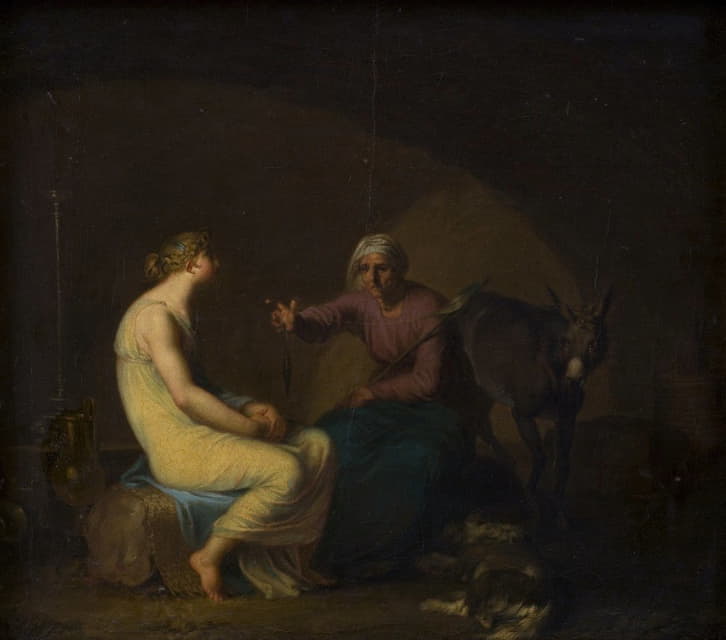 Nicolai Abraham Abildgaard - Røverbandens husholderske trøster den unge pige ved at fortælle myten om Amor og Psyche. Motiv fra Apulejus, Det gyldne æsel
