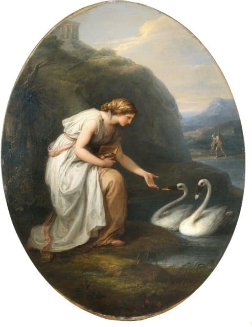 Angelica Kauffmann - Immortalia, the nymph of immortality, receiving nameplates from two swans