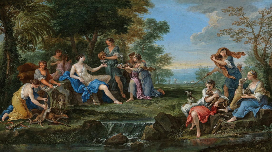 Filippo Lauri - Landscape with Diana and her nymphs resting after the hunt