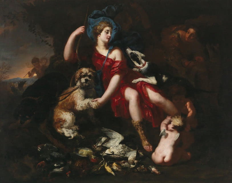 Lucas Franchoys the Younger - Diana resting, with her hunting dogs and putti