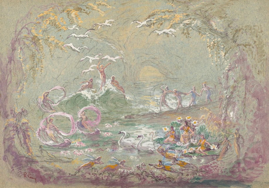 Robert Caney - Lake Scene with Fairies and Swans