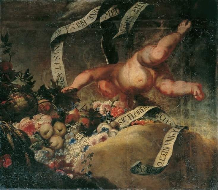 Peter Strudel - Putto mit Blumen, Früchten und Spruchband