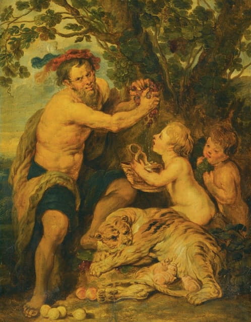 After Peter Paul Rubens - A Drinking Man With Putti And A Tiger