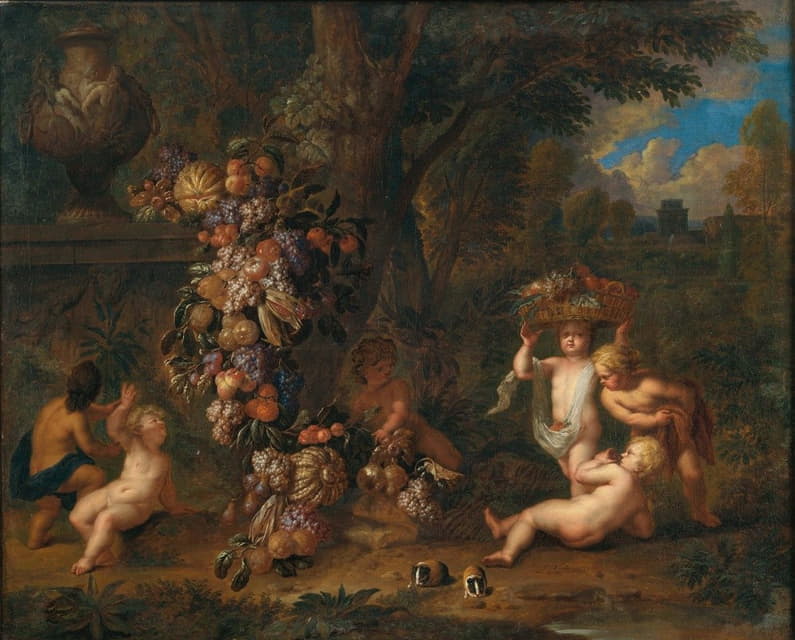 Jan Pauwel Gillemans the Younger - Landscape with six putti playing with a garland of fruit and two guinea pigs in the foreground