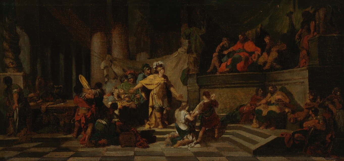 埃涅阿斯向拉蒂努斯国王献上礼物，并向他请求女儿的帮助