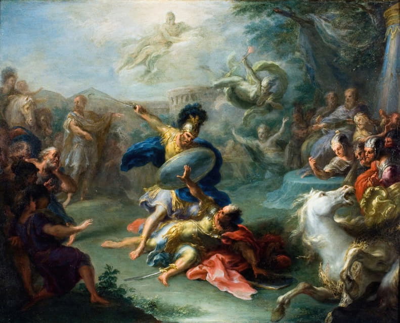 埃涅阿斯和图努斯国王之间的战斗，来自维吉尔的埃涅阿斯