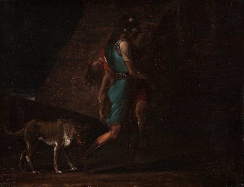奥西安背着他死去的弟弟吉兰，后面跟着芬格尔的狗布兰