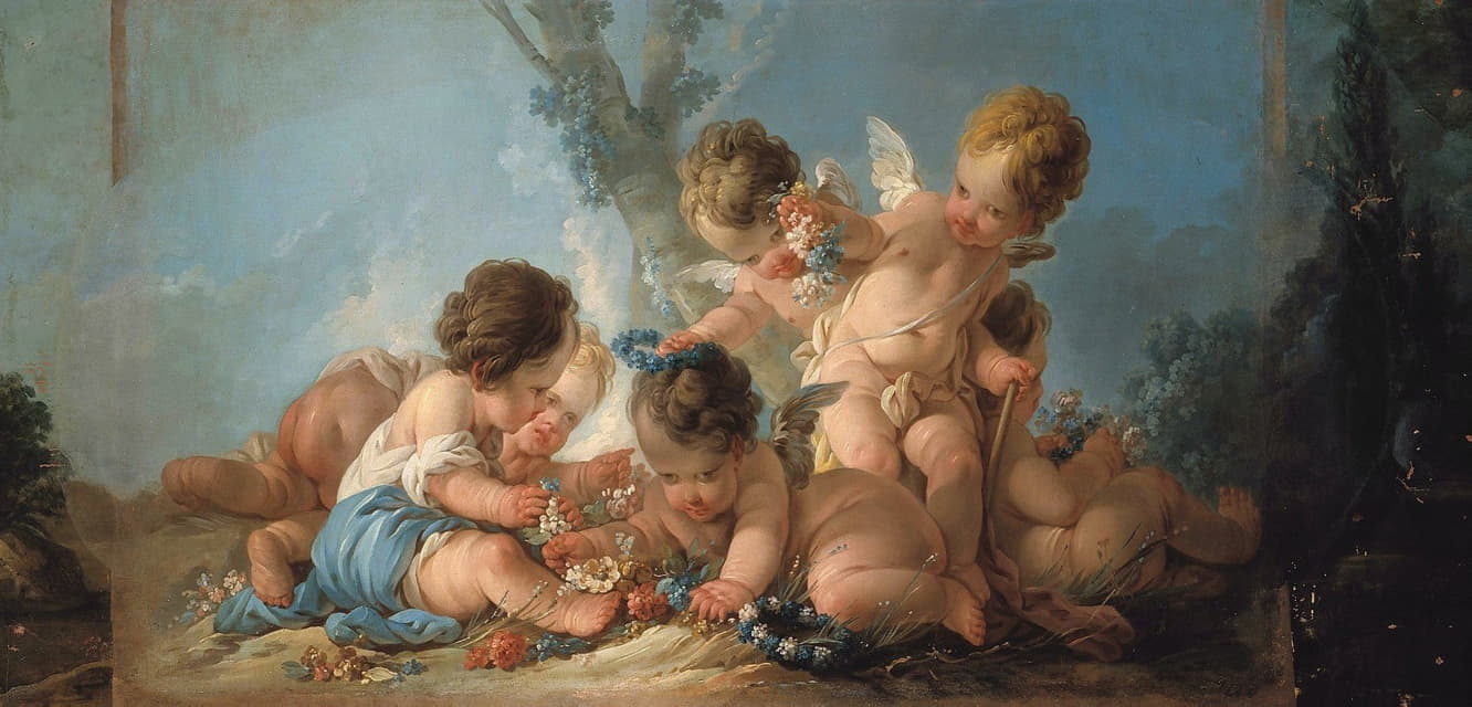 Jean-François Clermont - Groupe de six Amours jouant avec des fleurs