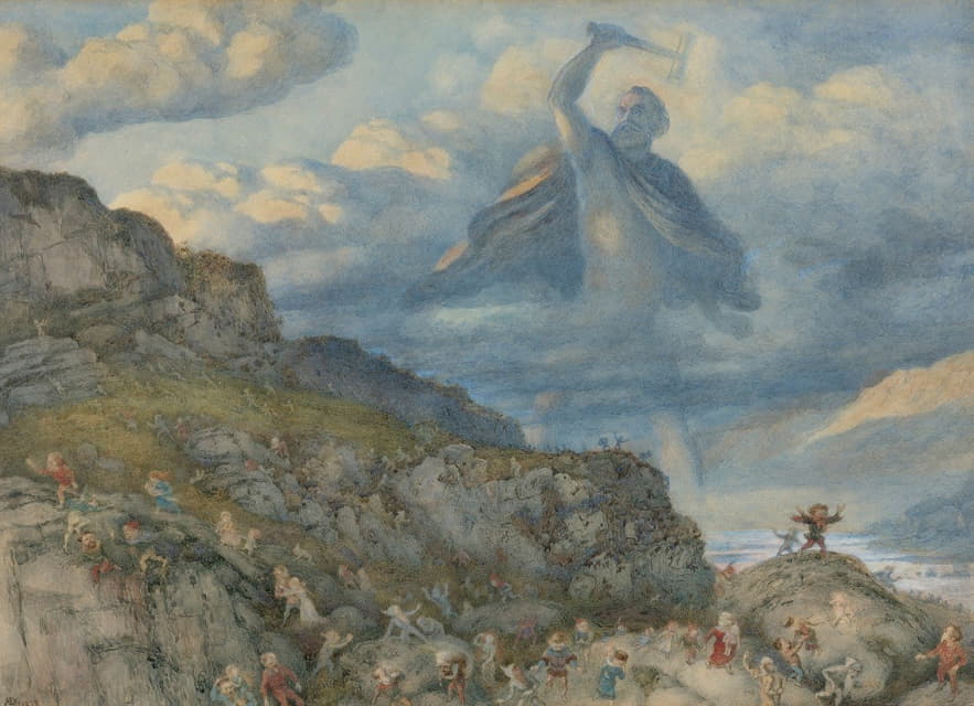 托尔神向矮人投掷铁锤，将他们赶出斯堪的纳维亚半岛