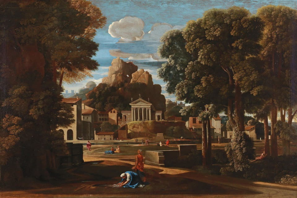 Circle of Nicolas Poussin - Landscape with the gathering of the Ashes of Phocion