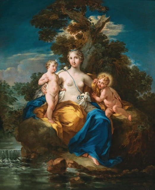 拉托娜和她的孩子，阿波罗和黛安娜，在月光下的风景中