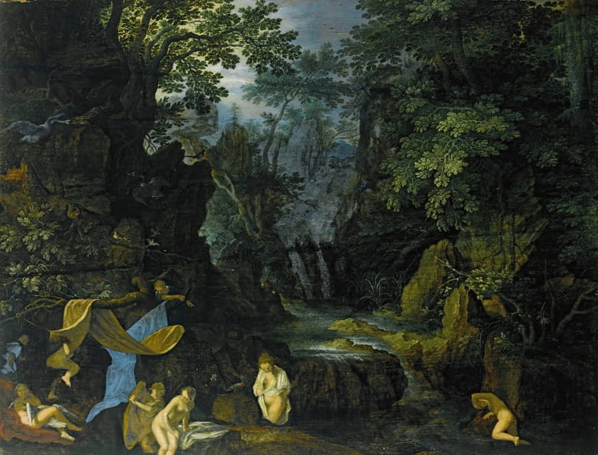 Roelant Savery - A Forest Landscape With Bathing Nymphs And Leda And The Swan