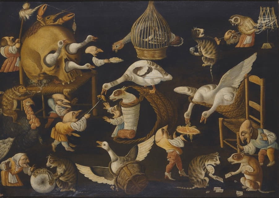 The Master of the Fertility of the Egg - A Grotesque Scene With Animals Playing And A Dog Wrapped In Swaddling Clothes