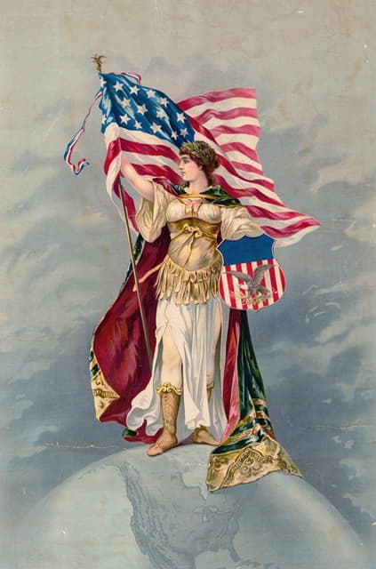 Anonymous - Columbia standing on the earth, holding an American flag and trademark sign