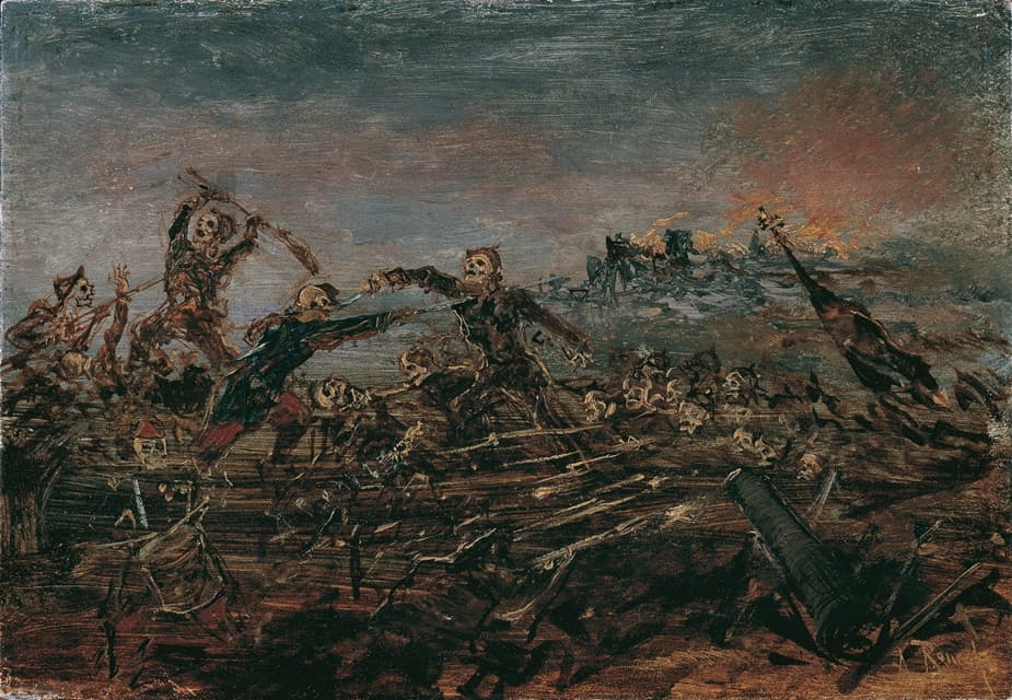 Anton Romako - Totentanz auf dem Schlachtfeld vor brennenden Ruinen