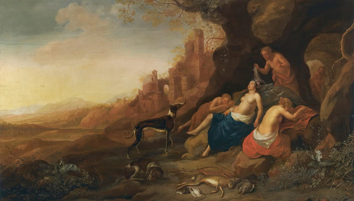 狄安娜和她的仙女在狩猎后休息，有两个萨提尔在监视她们