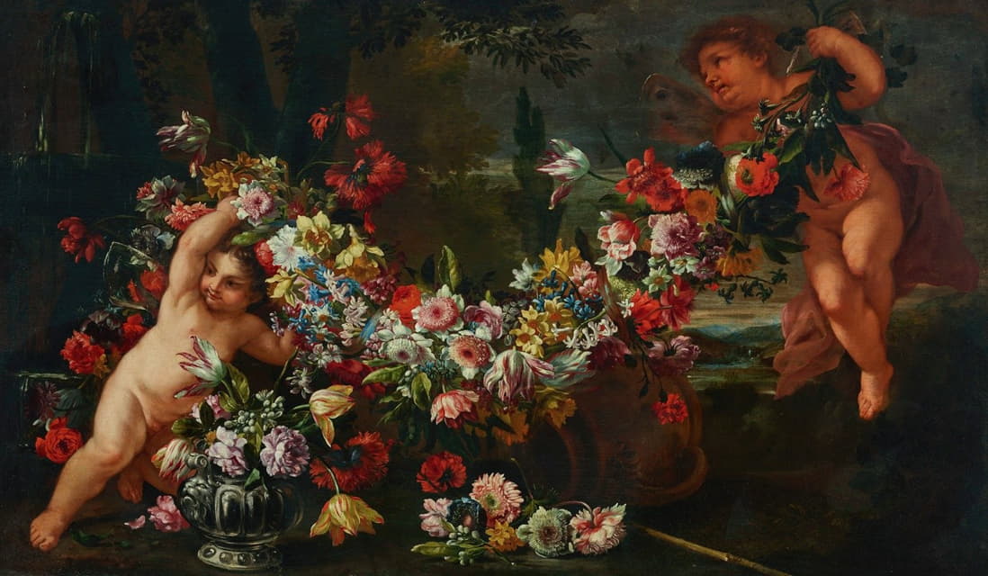 Abraham Brueghel - Garlands of flowers with putti in a landscape