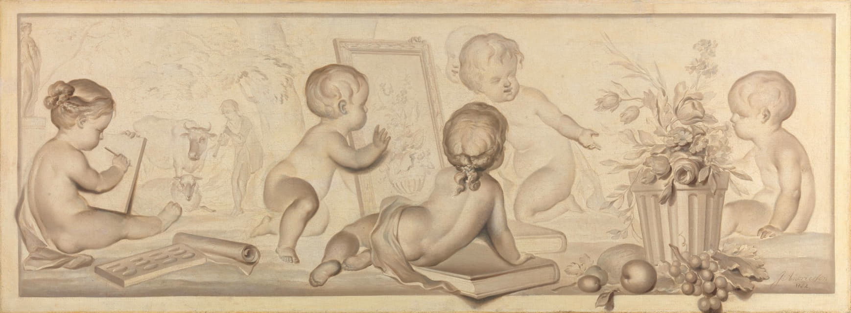 Jurriaan Andriessen - Six Putti with Flowers and Fruit and Attributes of the Art of Drawing