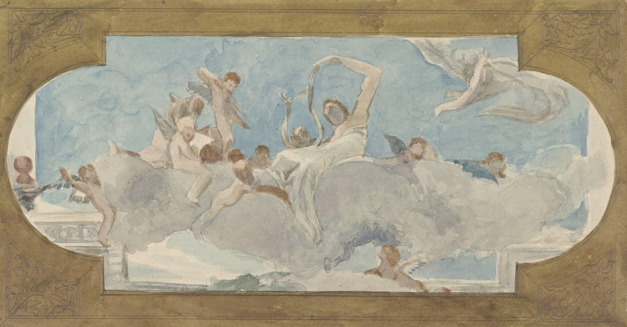 Wilhelm Cornelis Bauer - Plafondschildering met figuren gezeten op wolken