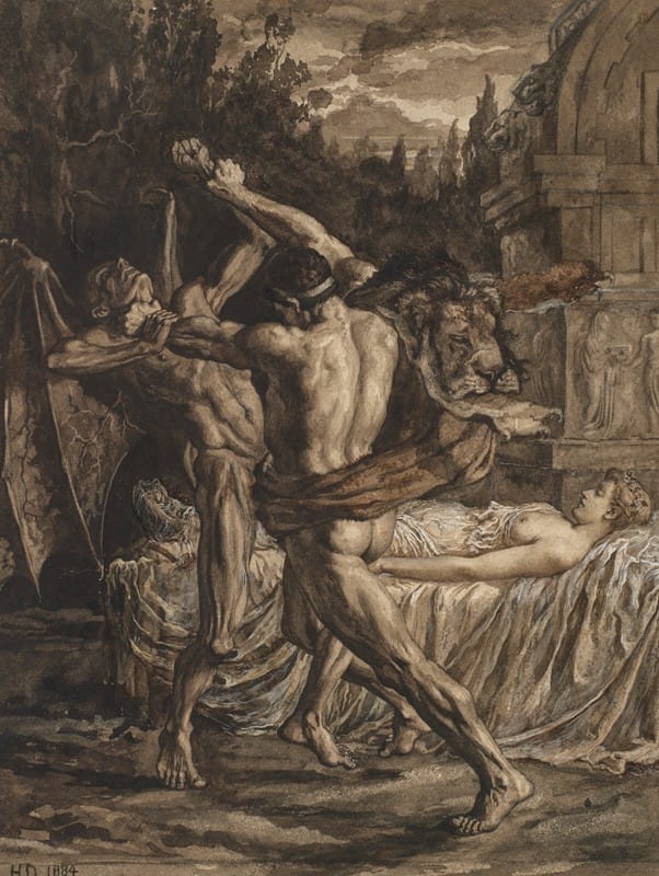 Herbert Thomas Dicksee - Hercules wrestling with Death for the soul of Alcestis