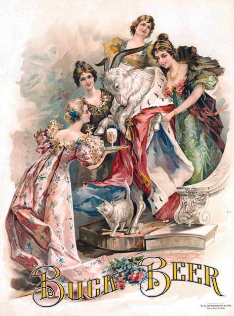 博克啤酒[一只穿着皇家长袍的山羊，由四名年轻女子侍候]
