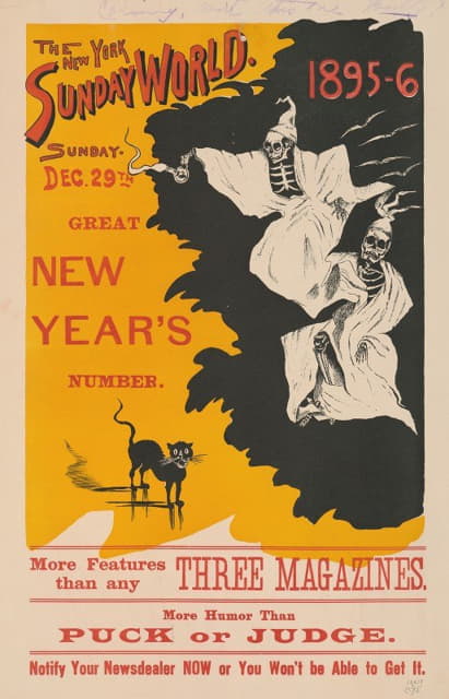 Anonymous - Poster shows a black cat and two skeletons dressed in white robes and sleep caps