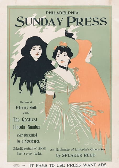 George Reiter Brill - Advertisement for Philadelphia Sunday Press; Ferbuary 9, 1896