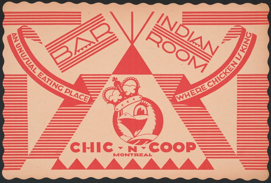 Winold Reiss - Designs for Indian Room, Chic-n-Coop Restaurant, Montreal, Canada.] [Placemat design with chicken character wearing crown