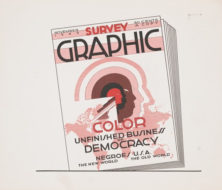 Winold Reiss - Graphic design for cover of Survey Graphic Magazine; ‘Color, Unfinished Business of Democracy’.] [Design with map of Earth and human faces