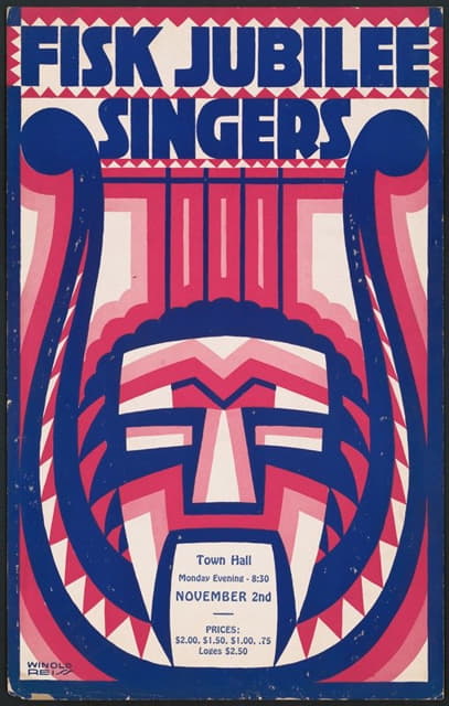 Fisk Jubilee歌手的平面设计。][带有竖琴和面具图案的音乐会海报