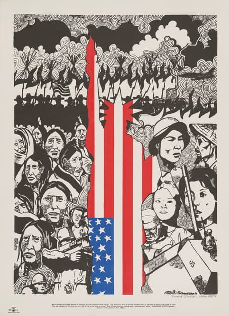 Roland Winkler - Poster showing composite drawing juxtaposing North American Indians with Vietnamese, with flag in shape of Statue of Liberty superimposed