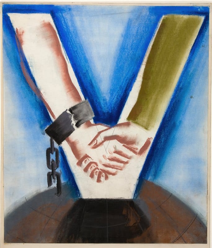 Anonymous - Arms with hands clasped, the arms forming a V-shape, superimposed on globe