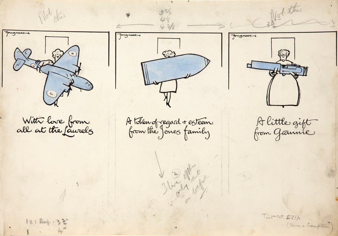 Fougasse   - Three cartoon figures of women carrying an aeroplane, a shell and a machine gun