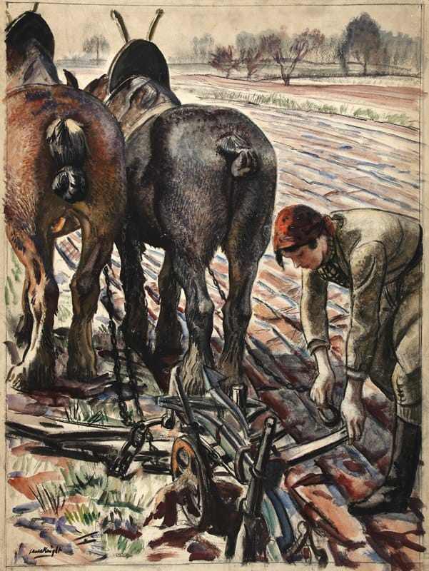 Laura Knight - Horse-drawn plough, land girl