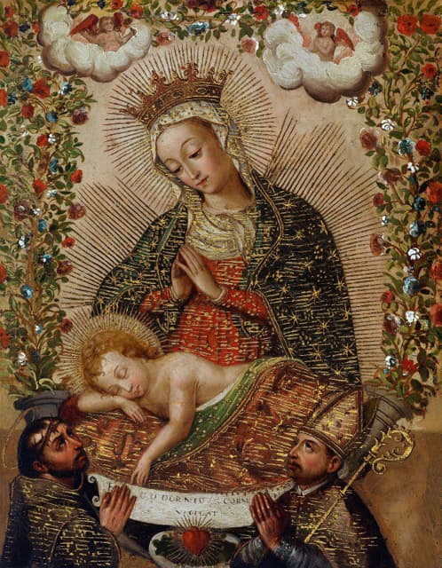 Cuzco School - The Virgin Adoring the Christ Child with Two Saints