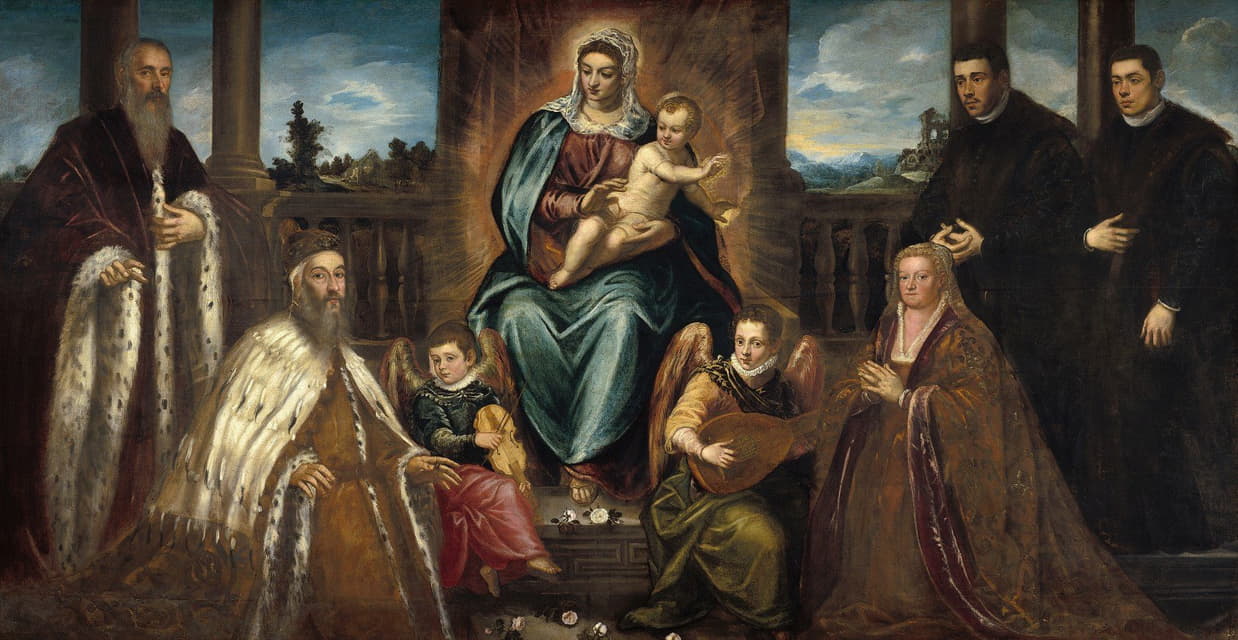 多格·阿尔维丝·莫切尼戈和家人在圣母子之前