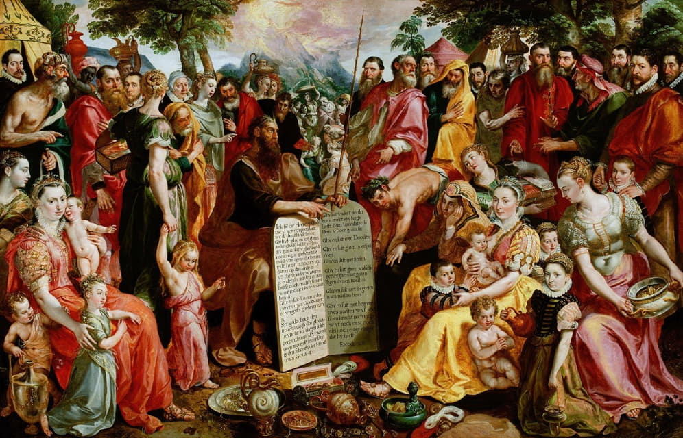 摩西向以色列人展示法版，以及潘胡伊家族成员及其亲友的肖像