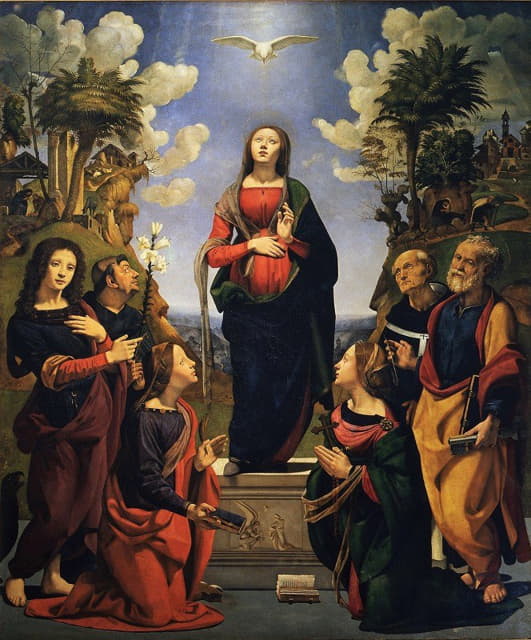 Piero di Cosimo - The incarnation of Jesus and the saints Philip Benizi, John the Evangelist, Catherine of Alexandria, Margaret, Peter and Antoninus Pierozzi