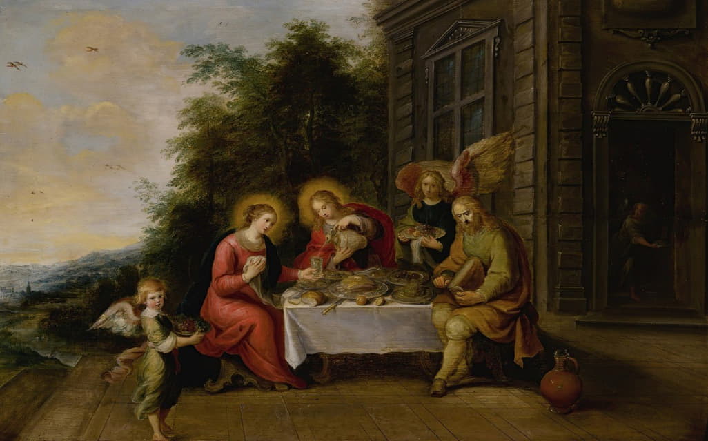 Frans Francken the Younger - The Holy Family Dining Outdoors While Served By Angels