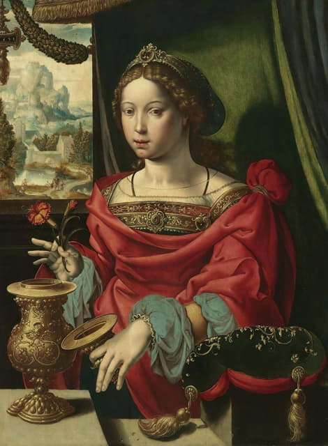 School Of Antwerp - The Magdalene Seated At A Table By A Window, Opening A Gold-Encrusted Urn