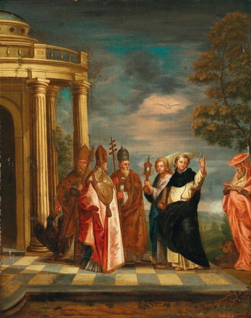 圣托马斯·阿奎那与安布罗斯、奥古斯丁、教皇格雷戈里大帝和杰罗姆一起沉思着神圣的圣礼