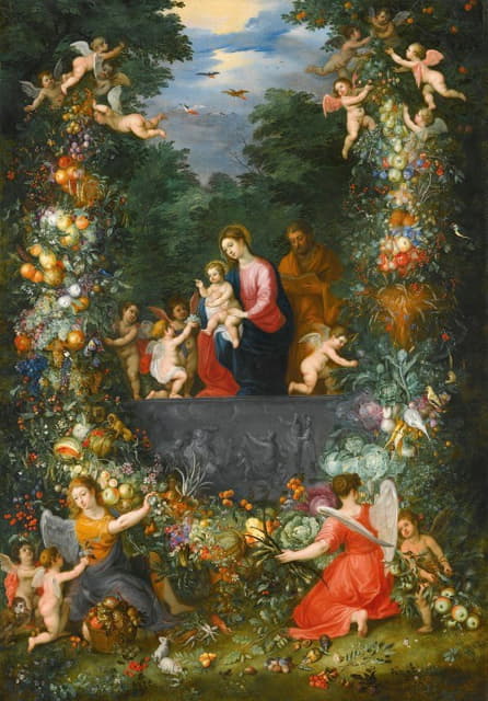 Jan Brueghel the Younger - The Holy Family Within A Garland Of Fruit, Flowers And Vegetables Held By Angels