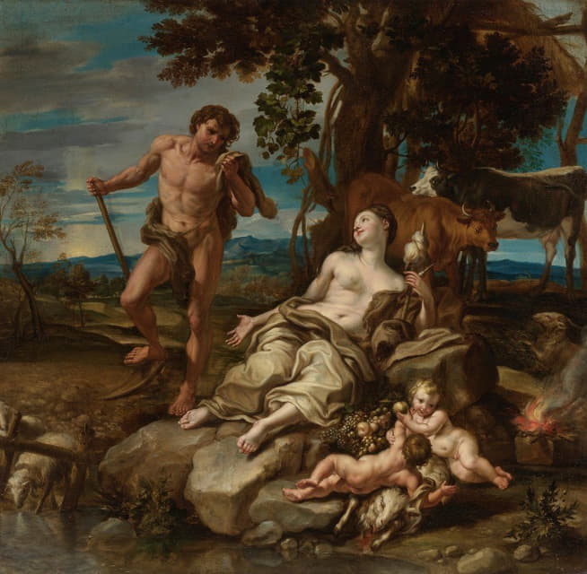 Lorenzo De' Ferrari - Adam And Eve With The Infants Cain And Abel
