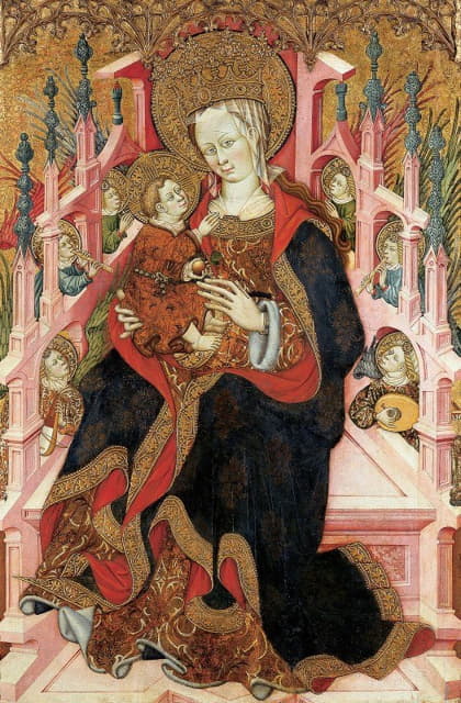 圣母玛利亚和孩子坐在天使的宝座上演奏音乐