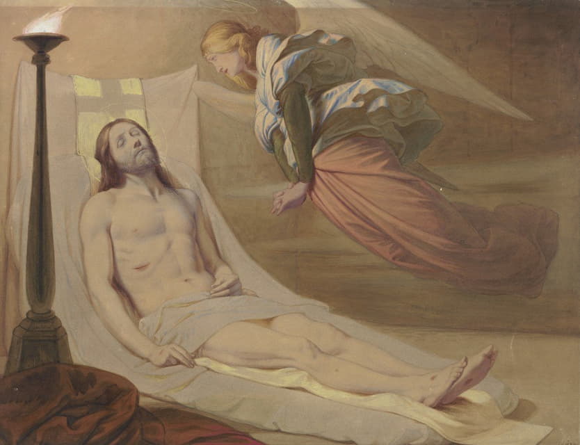 Edward Von Steinle - Christ in the grave, a mourning angel hovering over him