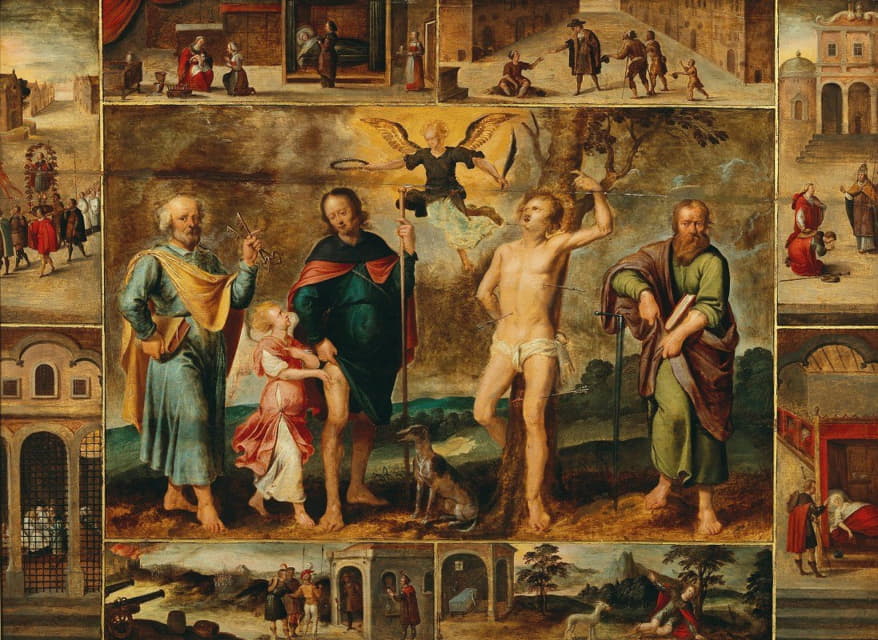 Circle of Otto van Veen - Saints Roch, Sebastian, Peter and Paul, surrounded by eight scenes from the life of Saint Roch