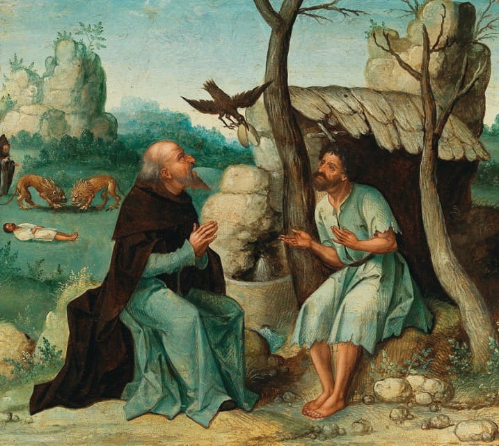 Dutch School - Saint Paul the Hermit and Saint Anthony Abbot fed by a raven